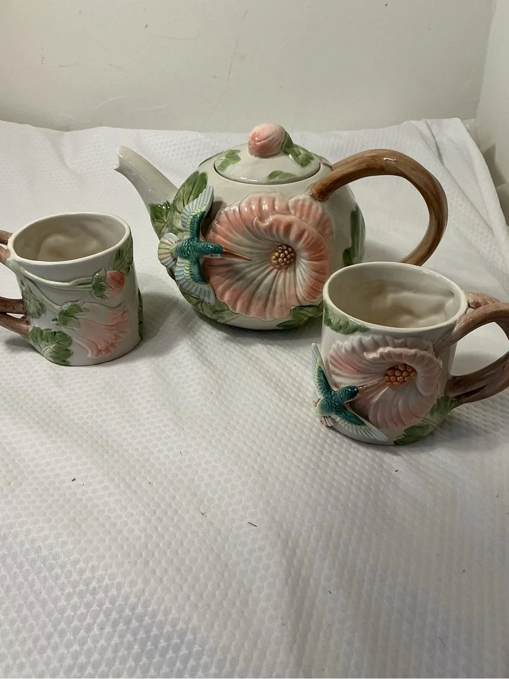 Rare lovely Vintage 1987 fitz & floyd 3D hummingbird hibiscus porcelainteapot